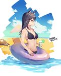  1girl absurdres animal_ears arknights bangs bare_arms bare_shoulders beach beach_umbrella bikini black_bikini black_hair blue_sky breasts brown_eyes character_name chinese_commentary clouds commentary_request cowboy_shot cup dated day drinking_glass drinking_straw food food_in_mouth from_side front-tie_bikini front-tie_top highres holding holding_cup innertube lime_slice long_hair medium_breasts mirwind_x mouth_hold navel outdoors pocky profile sky solo standing stomach swimsuit texas_(arknights) umbrella wading water wolf_ears 