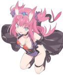  1girl armor bangs bare_shoulders bikini_armor black_choker black_footwear black_sleeves blade_(galaxist) blue_eyes boots choker collarbone detached_sleeves dragon_tail elizabeth_bathory_(brave)_(fate) elizabeth_bathory_(fate)_(all) eyebrows_visible_through_hair fang fate/grand_order fate_(series) full_body groin hair_between_eyes hair_ribbon horns knee_boots leotard long_hair long_sleeves looking_at_viewer open_mouth oversized_clothes pink_hair pointy_ears purple_leotard purple_ribbon red_bikini_top ribbon simple_background solo tail tiara two_side_up very_long_hair white_background wide_sleeves 