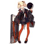  animal_ears arknights bear_ears blonde_hair frying_pan gum_(arknights) hair_ornament hair_ribbon hairclip jacket one_eye_closed oversized_clothes pale_skin pantyhose pumps red_eyes ribbon sailor_collar sailor_shirt shield shirt skade smile tongue tongue_out 