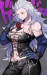  1girl breasts dorohedoro elbow_gloves gloves grey_hair highres large_breasts long_hair muscle muscular_female navel noi_(dorohedoro) red_eyes shin_(dorohedoro) silver_hair smile suurin_(ksyaro) tall_female 