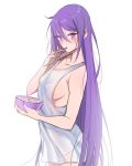  1girl alternate_breast_size alternate_hairstyle blush breasts cereal eating eltnum hair_down highres long_hair melty_blood nekonomlcon no_bra no_legwear purple_hair simple_background sion_eltnam_atlasia solo tank_top tsukihime under_night_in-birth vampire very_long_hair violet_eyes white_background 