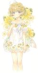  1girl arm_at_side bare_shoulders breasts dress fairy fairy_wings flower grey_eyes hair_flower hair_ornament hand_up looking_at_viewer original pointy_ears simple_background small_breasts solo standing takanashi_tsubasa transparent_wings white_dress wings yellow_flower 