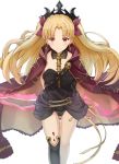  1girl asymmetrical_legwear asymmetrical_sleeves bangs between_breasts black_legwear blonde_hair blush breasts cape closed_mouth detached_collar earrings ereshkigal_(fate/grand_order) fate/grand_order fate_(series) gold_trim highres hoop_earrings infinity jewelry long_hair looking_at_viewer medium_breasts parted_bangs piisu red_cape red_eyes simple_background single_sleeve single_thighhigh skull smile solo spine thigh-highs tiara two_side_up white_background 