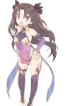  1girl :o bangs bare_shoulders black_panties blade_(galaxist) blush boots brown_hair brown_ribbon collarbone cosplay detached_sleeves dress earrings eyebrows_visible_through_hair fate/grand_order fate_(series) full_body hair_ribbon hands_on_hips ishtar_(fate)_(all) ishtar_(fate/grand_order) jewelry kama_(fate/grand_order) kama_(fate/grand_order)_(cosplay) long_hair long_sleeves looking_at_viewer open_mouth panties parted_bangs purple_dress purple_footwear purple_legwear purple_sleeves red_eyes ribbon see-through simple_background sleeveless sleeveless_dress sleeves_past_wrists solo standing thigh-highs thigh_boots two_side_up underwear very_long_hair white_background younger 