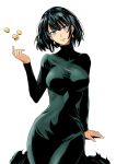  1girl breasts coin dress fubuki_(one-punch_man) green_dress green_eyes haruhisky highres large_breasts long_dress looking_at_viewer one-punch_man short_hair simple_background solo white_background 