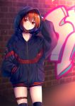  1girl alternate_costume arm_up blue_footwear blue_hoodie brick_wall collar collarbone commentary_request emblem expressionless graffiti hand_in_pocket head_tilt highres long_sleeves looking_at_viewer nnyara outdoors over-kneehighs red_collar red_eyes redhead sekibanki short_hair solo standing thigh-highs thigh_strap touhou twitter_username 
