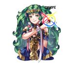  1girl artist_name braid closed_mouth conope dress envelope fire_emblem fire_emblem:_three_houses green_eyes green_hair hair_ornament holding long_hair pointy_ears ribbon_braid simple_background smile solo sothis_(fire_emblem) super_smash_bros. tiara twin_braids upper_body white_background 