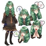  1girl boots bow closed_mouth fire_emblem fire_emblem:_three_houses flayn_(fire_emblem) garreg_mach_monastery_uniform green_eyes green_hair hair_ornament highres knee_boots long_hair long_sleeves multiple_views open_mouth parted_lips simple_background smile uniform white_background yachimata_1205 
