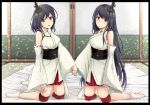  2girls absurdres black_hair detached_sleeves full_body fusou_(kantai_collection) hair_ornament highres holding_hands kantai_collection knee_pads kneeling long_hair looking_at_viewer multiple_girls nontraditional_miko red_eyes shohei_(piranha5hk) short_hair sliding_doors symmetry tatami wide_sleeves yamashiro_(kantai_collection) 