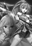  2girls :o bangs black_sleeves collarbone covered_navel detached_sleeves eleonora_viltaria eyebrows_visible_through_hair floating_hair greyscale grin hair_between_eyes high_ponytail highres holding holding_sword holding_weapon long_hair long_sleeves ludmila_lourie madan_no_ou_to_michelia miniskirt miyatsuki_itsuka monochrome multiple_girls novel_illustration official_art shiny shiny_hair side_slit skirt smile standing sword thigh-highs v-shaped_eyebrows very_long_hair weapon zettai_ryouiki 