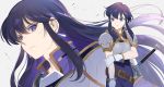  2girls ayra_(fire_emblem) belt black_hair breastplate closed_mouth earrings fire_emblem fire_emblem:_genealogy_of_the_holy_war gloves jewelry kyufe larcei_(fire_emblem) long_hair mother_and_daughter multiple_girls parted_lips scabbard sheath sheathed simple_background sword violet_eyes weapon white_gloves 
