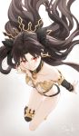 1girl absurdres bandeau bare_shoulders black_hair black_ribbon closed_mouth collarbone commentary_request detached_collar earrings fate/grand_order fate_(series) from_above gradient gradient_background grey_background hair_ribbon highres hoop_earrings ishtar_(fate)_(all) ishtar_(fate/grand_order) jewelry long_hair looking_at_viewer midriff red_eyes ribbon signature single_thighhigh siya_ho smile solo strapless thigh-highs thighs tiara tubetop two_side_up white_background 