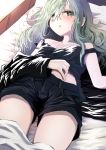  +_- 1girl absurdres black_shorts black_tank_top blush breasts eyebrows_behind_hair green_hair hair_between_eyes hand_on_own_stomach heterochromia highres jacket kamatama kuso_zako_choroin_nishiga_hachi long_hair looking_at_viewer lying off_shoulder on_back on_bed parted_lips pillow saiba_mirai shorts small_breasts solo under_covers 