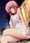 1girl arm_support bangs bare_arms bare_shoulders blurry blurry_background blush breasts commentary_request crossed_legs eyebrows_visible_through_hair feet_out_of_frame hair_between_eyes hand_up head_tilt highres large_breasts looking_at_viewer low_ponytail naked_towel night night_sky no_hat no_headwear nori_tamago nose_blush onsen outdoors parted_lips pink_hair red_eyes revision rock saigyouji_yuyuko short_hair sidelocks sitting sky solo steam sweat thighs touhou towel tree 