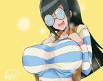  1girl black_hair blue_eyes breasts carly_nagisa covered_nipples glasses large_breasts long_hair oda_koziki puffy_nipples simple_background solo upper_body yellow_background yuu-gi-ou yuu-gi-ou_5d&#039;s 