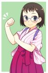  1girl blue-framed_eyewear blue_eyes blush brown_hair clenched_hand daisan_hikou_shoujo-tai flexing glasses green_background hakama hand_on_own_arm highres iguchi_yumi japanese_clothes looking_at_viewer oza_watto pose red_hakama shirobako short_hair short_sleeves smile solo standing 