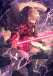  1girl armor armored_boots artoria_pendragon_(all) bangs black_coat black_gloves blonde_hair blue_footwear blurry boots braid breastplate closed_mouth clouds cloudy_sky coat commentary_request cracked_floor depth_of_field destruction double-blade dual_wielding electricity energy_sword excalibur expressionless fate/grand_order fate_(series) french_braid gloves glowing glowing_sword glowing_weapon hair_between_eyes hair_bun highres holding holding_sword holding_weapon hood hooded_coat kuroi_susumu leg_up lightsaber looking_at_viewer multicolored multicolored_eyes mysterious_heroine_x_(alter) open_clothes open_coat outdoors red_eyes revision shiny shiny_hair short_hair sidelocks sky solo stone sword thigh-highs thigh_boots weapon wind yellow_eyes 