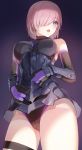  1girl arm_guards armor armored_dress black_legwear black_leotard blush breasts fate/grand_order fate_(series) gloves gradient gradient_background hair_over_one_eye highres kfr large_breasts lavender_hair leotard looking_at_viewer mash_kyrielight open_mouth purple_background purple_gloves short_hair solo thigh_strap thighs violet_eyes 