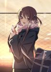  1girl 22/7 :d bag black_coat black_skirt blush bookbag brown_hair fence hair_rings hands_together hands_up long_hair looking_at_viewer nagareboshi open_mouth outdoors pink_scarf scarf sidelocks skirt smile solo sunset violet_eyes 