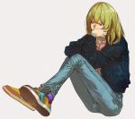  1boy androgynous blue_jacket casual covering_mouth crossed_ankles denim fate/grand_order fate_(series) green_hair jacket jeans kingu_(fate) long_hair maka_(mksrw) modern pants shoes sitting sneakers solo violet_eyes 