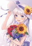  1girl :d absurdres arm_up bangs bare_arms bare_shoulders blue_eyes blue_flower blush bouquet bow commentary_request dress eyebrows_visible_through_hair flower hand_on_headwear hat hat_bow hat_flower highres huge_filesize hyonee long_hair looking_at_viewer object_hug open_mouth original purple_bow red_flower red_rose rose silver_hair sleeveless sleeveless_dress smile solo strap_slip sun_hat sunflower upper_body upper_teeth very_long_hair white_dress white_headwear yellow_flower 