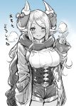  1girl breasts coat draph gradient gradient_background granblue_fantasy greyscale grin hand_in_pocket horns kuvira_(granblue_fantasy) large_breasts monochrome mushi024 one_eye_closed pointy_ears scarf shorts smile v winter_clothes winter_coat 