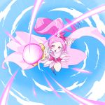  1girl :o beam bow cape clouds clover_hair_ornament commentary_request cure_blossom day dress floating_hair flying foreshortening gem hair_bow hair_ornament hanasaki_tsubomi heart heartcatch_precure! highres holding holding_staff leg_up long_hair looking_at_viewer magical_girl matatabi_(karukan222) open_mouth pink_eyes pink_hair ponytail precure sky solo speed_lines staff teeth v-shaped_eyebrows very_long_hair wrist_cuffs 