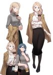 2girls alternate_costume ashiwara_yuu black_skirt blonde_hair blue_eyes blue_hair byleth_(fire_emblem) byleth_eisner_(female) casual closed_eyes coffee_cup cup disposable_cup earrings fire_emblem fire_emblem:_three_houses grey_sweater hair_between_eyes hand_on_own_chest highres jacket_on_shoulders jewelry long_hair looking_at_viewer mercedes_von_martritz multiple_girls multiple_views pantyhose skirt smile sweater thick_eyebrows turtleneck turtleneck_sweater white_background white_sweater