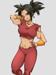  1girl abs arm_behind_head black_eyes black_hair breasts clenched_teeth collarbone dark_skin dragon_ball dragon_ball_super earrings eyelashes feet_out_of_frame grey_background grin hand_on_hip head_tilt high_ponytail jewelry kefla_(dragon_ball) kemachiku knees_apart_feet_together large_breasts looking_at_viewer midriff muscle muscular_female navel pants ponytail potara_earrings red_pants shiny shiny_clothes shiny_hair shiny_skin short_ponytail sidelocks simple_background smile solo spiky_hair standing teeth track_pants v-shaped_eyebrows wristband 