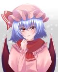  1girl bangs bow dress eyebrows_visible_through_hair hair_between_eyes hair_bow head_tilt highres long_hair looking_at_viewer open_mouth pink_dress pink_headwear red_bow red_eyes red_neckwear red_wings remilia_scarlet shiny shiny_hair silver_hair solo souyoru touhou upper_body white_background wings 