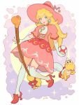  1girl alternate_costume blonde_hair blue_eyes brooch broom commentary crescent cross-laced_clothes dress earrings elbow_gloves full_body gloves hat high_heels highres holding jewelry jivke koopa_paratroopa lips long_hair looking_at_viewer super_mario_bros. mushroom pink_dress pink_headwear princess_peach puffy_short_sleeves puffy_sleeves red_footwear shoes short_sleeves signature star thigh-highs white_gloves white_legwear witch witch_hat yoshi 