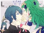  1boy 2girls blue_eyes blue_hair byleth_(fire_emblem) byleth_eisner_(female) byleth_eisner_(male) closed_eyes closed_mouth fire_emblem fire_emblem:_three_houses from_side green_hair grey_background hair_ornament holding long_hair multiple_girls open_mouth pointy_ears polearm ribbon_braid short_hair simple_background smile sothis_(fire_emblem) tiara totototope weapon 