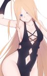  1girl abigail_williams_(fate/grand_order) bangs bare_shoulders black_dress black_gloves blonde_hair blue_eyes blush breasts collarbone dress elbow_gloves fate/grand_order fate_(series) forehead gloves highres jilu long_hair looking_at_viewer navel navel_cutout open_mouth parted_bangs parted_lips simple_background small_breasts very_long_hair white_background 