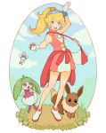  1girl :d alternate_costume arm_up bag bare_arms blonde_hair blue_eyes blue_headwear clothes_around_waist clouds commentary dress earrings eevee english_commentary full_body gen_1_pokemon gen_7_pokemon gloves highres holding holding_poke_ball jacket_around_waist jewelry jivke long_hair looking_at_viewer super_mario_bros. morelull open_mouth pink_dress poke_ball poke_ball_(generic) pokemon pokemon_(creature) ponytail princess_peach shoes shoulder_bag signature sleeveless sleeveless_dress smile standing steenee visor_cap white_footwear white_gloves 
