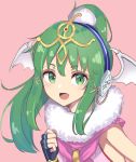  +5cm 1girl fingerless_gloves fur_trim gen&#039;ei_ibunroku_sharp_fe gloves green_eyes green_hair headphones highres long_hair open_mouth pink_background ponytail simple_background solo tiki_(fire_emblem) upper_body 