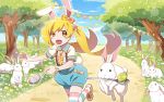 1girl animal_ears blonde_hair bunny_tail easter easter_egg egg fangs long_hair monogatari_(series) monogatari_series_puc_puc oshino_shinobu overall_shorts overalls rabbit rabbit_ears racing spoon tail thigh-highs twintails 