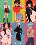 6+girls :d ;) alternate_costume ankle_boots arm_at_side arm_under_breasts bag bangs bare_legs bare_shoulders baseball_cap beanie black_dress black_eyes black_hair black_headwear blue_bag blue_eyes blue_hair blunt_bangs blush boots bra_(dragon_ball) bracelet brown_footwear brown_skirt bulma buttons candy casual character_name choker clothes_writing commentary contemporary cowboy_shot denim denim_shorts dragon_ball dragon_ball_(classic) dragon_ball_gt dragon_ball_z dress earrings english_commentary english_text expressionless eyebrows_visible_through_hair eyelashes fanny_pack fashion fingernails food full_body green_background green_ribbon grey_shirt gummy_bear gun hair_between_eyes half-closed_eyes hand_in_hair hand_on_hip hand_on_own_chin hand_on_thigh handgun happy hat heart heart_background highres hime_cut jeans jewelry kararai_raika lace legs_apart light_smile long_dress long_hair long_sleeves looking_at_viewer looking_away mai_(dragon_ball) midriff milk_carton multiple_girls navel off_shoulder one_eye_closed open_mouth orange_nails oversized_clothes pan_(dragon_ball) pants parted_lips pink_ribbon pistol polka_dot polka_dot_background pom_pom_(clothes) pom_pom_earrings red_background red_shirt ribbon shadow shiny shiny_footwear shiny_hair shirt short_hair shorts signature simple_background skirt smile standing straight_hair striped striped_background sweater sweets thigh-highs thigh_strap turtleneck turtleneck_sweater twintails v-shaped_eyebrows very_short_hair videl weapon white_footwear white_headwear white_sweater yellow_background 