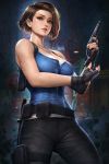  1girl bare_shoulders belt black_gloves blue_eyes breasts collarbone fingerless_gloves gloves gun handgun jewelry jill_valentine lips necklace nudtawut_thongmai pants parted_lips pistol resident_evil resident_evil_3 short_hair solo weapon 