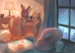  3others :o =_= afro ambiguous_gender animal animal_ears bed clock commentary_request curtains indoors lamp manino_(mofuritaionaka) multiple_others night original rabbit rabbit_ears signature sleeping star star_(sky) u_u under_covers window 
