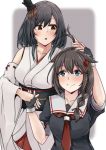  2girls absurdres ahoge black_hair black_serafuku blue_eyes braid commentary_request cowboy_shot detached_sleeves hair_flaps hair_ornament hair_over_shoulder headgear height_difference highres japanese_clothes kantai_collection multiple_girls neckerchief red_eyes red_neckwear remodel_(kantai_collection) school_uniform serafuku shigure_(kantai_collection) shohei_(piranha5hk) short_hair single_braid wide_sleeves yamashiro_(kantai_collection) 