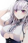  1girl anchor arm_up azur_lane bangs bare_shoulders black_hairband blush breasts center_frills corset dido_(azur_lane) eyebrows_visible_through_hair frilled_shirt frills hairband hand_in_hair large_breasts long_hair looking_at_viewer parted_lips shirt silver_hair sleeveless sleeveless_shirt solo sweat under_boob underboob_cutout upper_body violet_eyes xretakex 