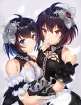  2girls absurdres ahoge bangs bare_shoulders black_dress black_flower black_gloves black_hair blue_eyes blue_hair blush breasts chain closed_mouth commentary_request dress eyebrows_visible_through_hair flower gloves hair_between_eyes hair_flower hair_ornament highres honkai_(series) honkai_impact_3rd keyhole multicolored_hair multiple_girls ponta_(velmar) red_eyes redhead see-through seele_vollerei sleeveless sleeveless_dress small_breasts smile two-tone_hair upper_body white_dress white_gloves 