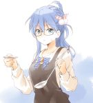  1girl 22/7 apron blue_bow blue_eyes blue_hair bow braid brooch glasses grey-framed_eyewear hair_ornament jewelry ladle long_hair long_sleeves looking_at_viewer maruyama_akane natsushi ponytail semi-rimless_eyewear simple_background sketch solo sweatdrop upper_body 