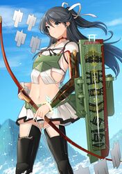  1girl bangs black_hair black_legwear blue_eyes bow_(weapon) day eyebrows_visible_through_hair flat_chest hair_between_eyes hair_ribbon highres holding holding_bow_(weapon) holding_weapon kantai_collection katsuragi_(kantai_collection) long_hair miniskirt mizuki_eiru_(akagi_kurage) navel outdoors panties pleated_skirt ponytail ribbon rigging shikigami skirt sky smile solo sparkle thigh-highs underwear water weapon white_panties white_ribbon 