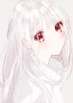  1girl bangs closed_mouth commentary_request eyebrows_visible_through_hair grey_background highres long_hair looking_at_viewer misumi_(macaroni) original red_eyes ribbed_sweater simple_background solo sweater turtleneck turtleneck_sweater upper_body white_hair white_sweater 