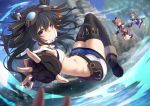  3girls bare_shoulders black_hair black_legwear blue_eyes blurry_foreground blush breasts brown_hair closed_mouth commentary_request day eyebrows_visible_through_hair fantasy fingerless_gloves four_goddesses_online:_cyber_dimension_neptune gloves goggles goggles_on_head hair_ornament long_hair looking_at_viewer midriff mizunashi_(second_run) multiple_girls navel neptune_(series) one_eye_closed open_mouth outdoors outstretched_arm ram_(neptune_series) red_eyes revision rom_(neptune_series) short_hair siblings sisters small_breasts thigh-highs twins two_side_up uni_(neptune_series) 