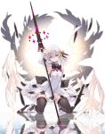  1girl angel_wings armpits bare_shoulders black_legwear black_ribbon blue_eyes blurry breasts closed_mouth commentary_request detached_sleeves dress expressionless feathered_wings feathers hair_between_eyes hair_ribbon hand_on_own_head head_tilt highres holding holding_weapon kneeling lance light_ray long_sleeves looking_at_viewer medium_hair nanananana neck_ribbon orange_ribbon original polearm reflection ribbon shoes short_dress shoulder_cutout small_breasts solo thigh-highs weapon white_dress white_footwear white_hair wings zettai_ryouiki 
