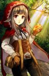  1girl animal_ears belt brown_gloves fire_emblem fire_emblem_fates fuussu_(21-kazin) gloves grey_hair holding hood hood_up long_hair long_sleeves multicolored_hair parted_lips red_eyes solo stone streaked_hair tree velouria_(fire_emblem) wolf_ears 