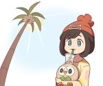  1girl alolan_exeggutor alolan_form bangs beanie bird black_hair cup drinking drinking_straw gen_7_pokemon grey_eyes hat holding holding_bird holding_pokemon on_head pokemon pokemon_(creature) pokemon_(game) pokemon_sm red_headwear rowlet shirt short_hair simple_background ssalbulre upper_body white_background yellow_shirt 