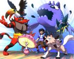  1boy baseball_cap bird black_hair claws creature flying furrowed_eyebrows gen_7_pokemon hat hk_(nt) incineroar lycanroc pokemon pokemon_(creature) pokemon_(game) pokemon_sm shiinotic standing toucannon vikavolt wishiwashi you_(pokemon) 